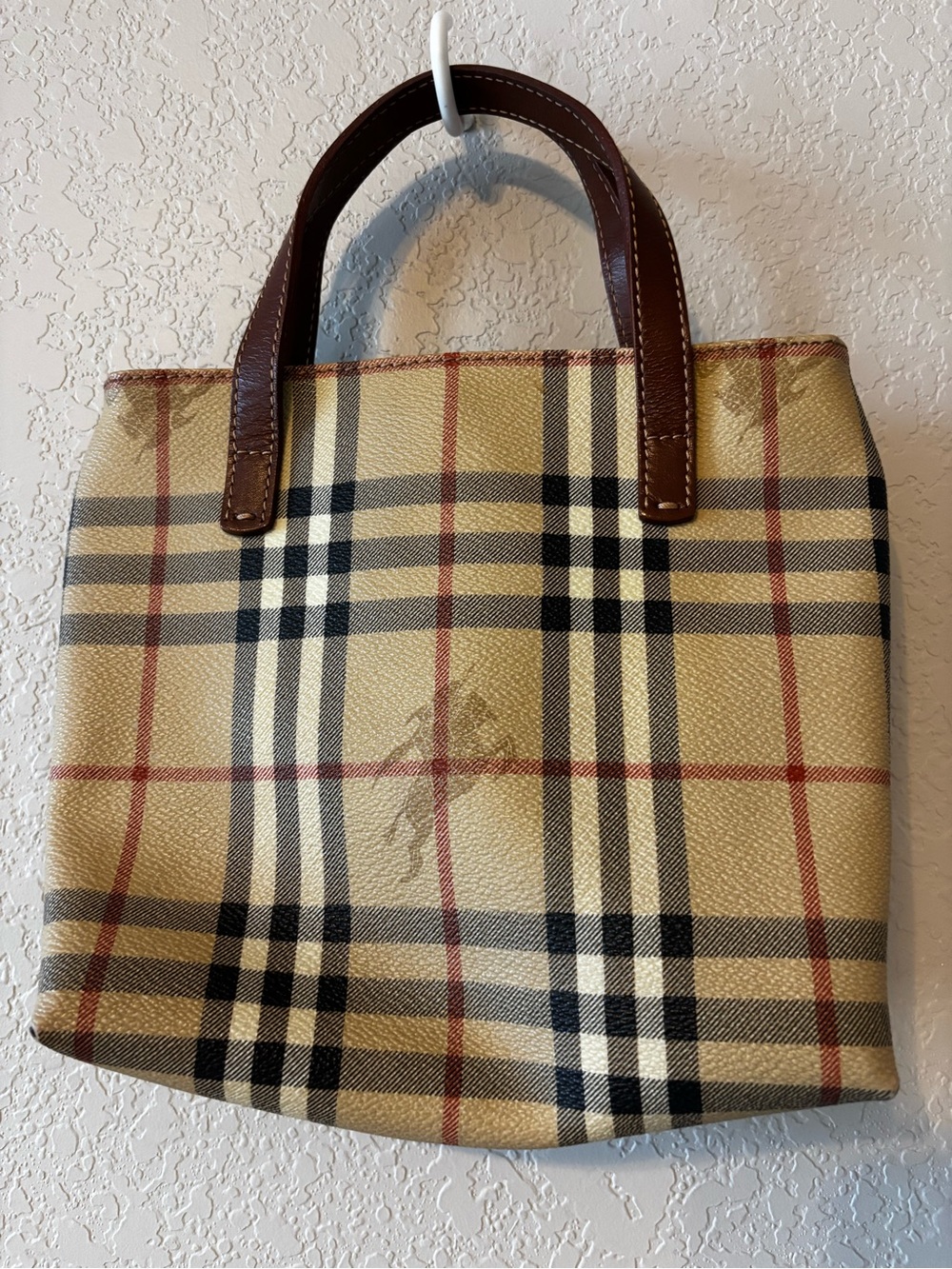 Burberry Beige Plaid Leather-Trim Tote